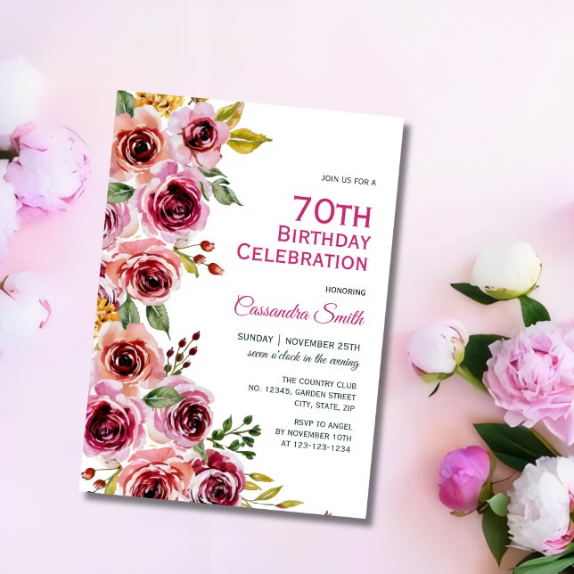 Invitation Chic Bourgogne Rose Floral Green Anniversaire (Créateur téléchargé)