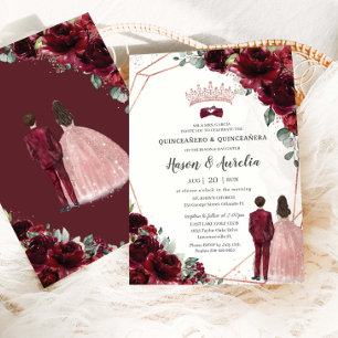Invitation Chic Bourgogne Rose Gold Jumeaux Garçon Fille Quin