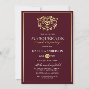 Invitation Chic Bourgogne Rouge & Or Masquerade Sweet 16 Part