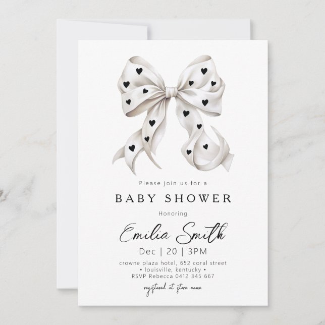 Invitation Chic Bow Coquette & coeur Baby shower (Devant)