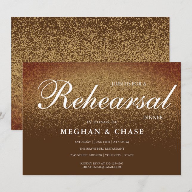 Invitation Chic Brown Gold Glitter Rehearsal (Devant / Derrière)