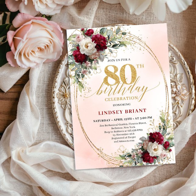 Invitation Chic Burgundy Blush Flowers 80th Birthday Invite (Chic Burgundy Blush Flowers 80th Birthday Invite)