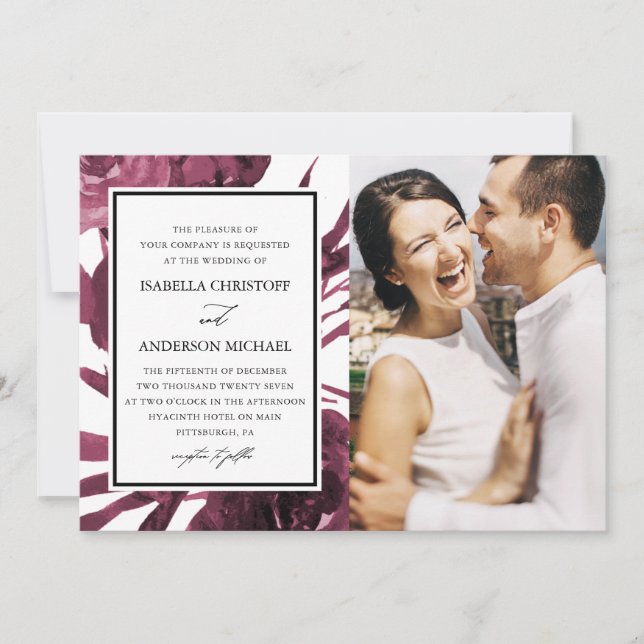 Invitation Chic Burgundy Floral Deux Mariage photo (Devant)
