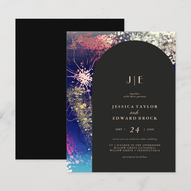 Invitation Chic Burgundy Gold Blue Botanical Carré Mariage (Devant / Derrière)