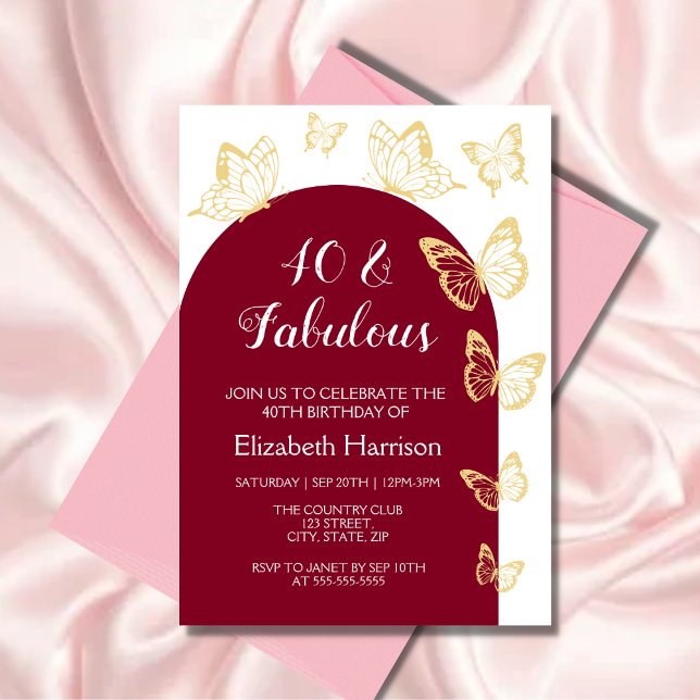 Invitation Chic Burgundy Gold Butterflies Fabuleux anniversai (Créateur téléchargé)