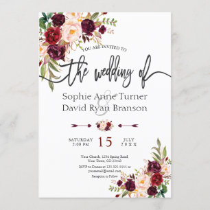 Invitation Chic Burgundy Marsala Floral Mariage écriture manu