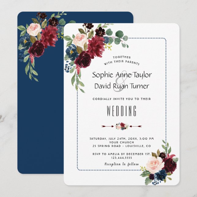 Invitation Chic Burgundy Navy Blue Floral Frame Mariage (Devant / Derrière)