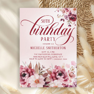 Invitation Chic Burgundy Rose Floral Glam 50e Anniversaire