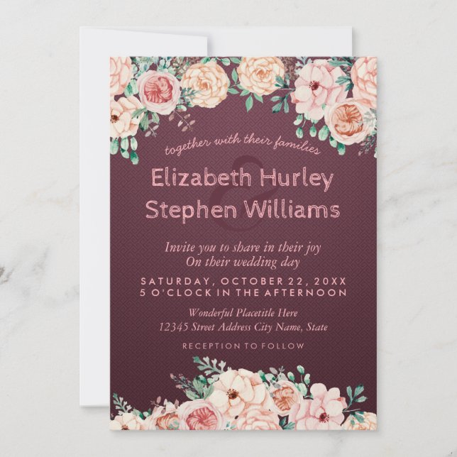 Invitation Chic Burgundy Rouge Aquarelle Wedding shower Flora (Devant)