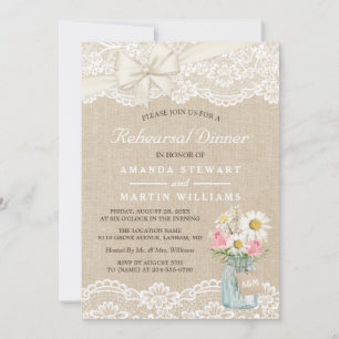 Invitation Chic Burlap Dentelle Floral Mason Jar Dîner de rép