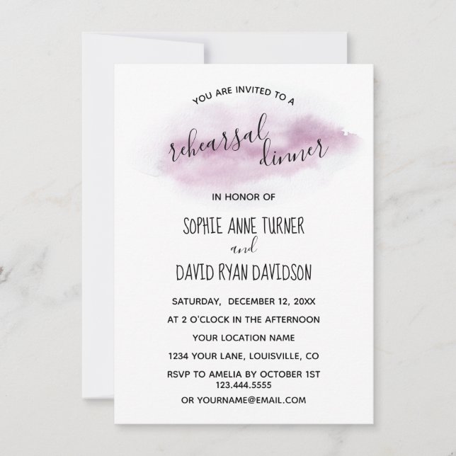 Invitation Chic Calligraphie Pink Aquarelle Dîner de répétiti (Devant)