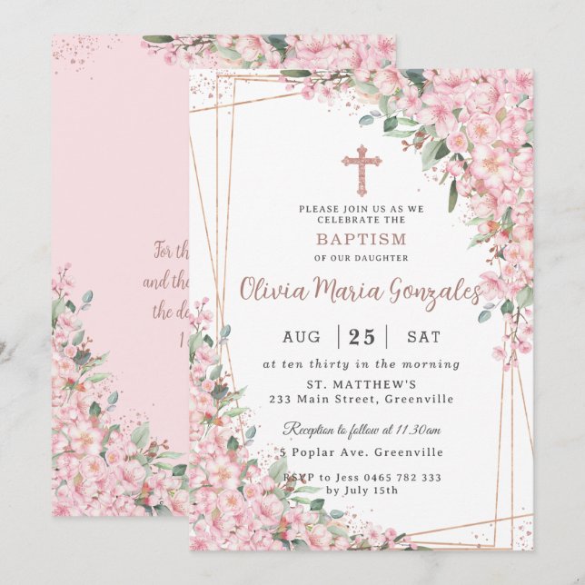 Invitation Chic Cerise Blossoms Rose Gold Christening Baptême (Devant / Derrière)