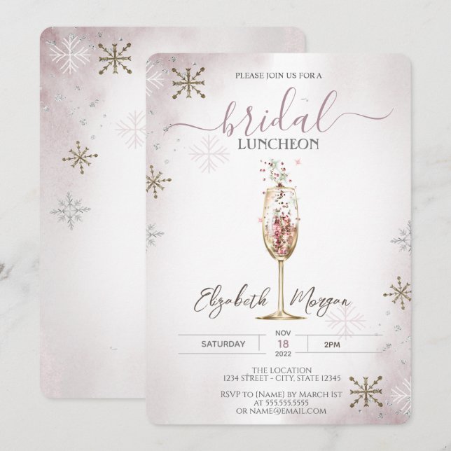 Invitation Chic Champagne Glass Snowflakes Déjeuner nuptial (Devant / Derrière)