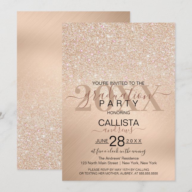 Invitation Chic Champagne Parties scintillant Or Métallic Gra (Devant / Derrière)