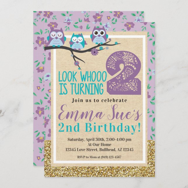 Invitation Chic Chic Purple Owl 2e anniversaire (Devant / Derrière)