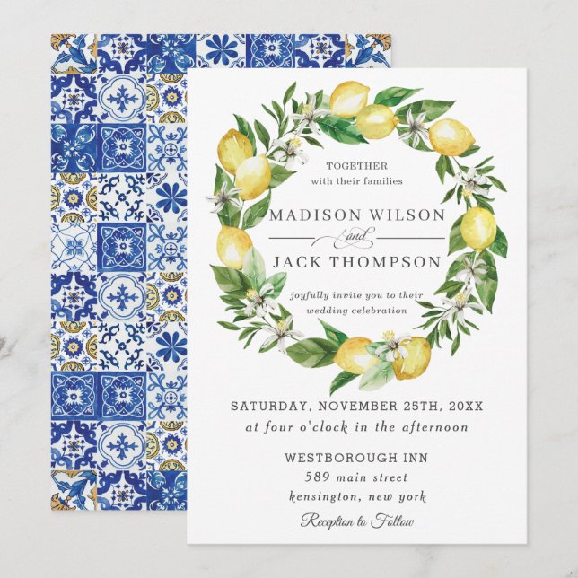 Invitation Chic Citron vert Mariage de couronnes florales (Devant / Derrière)
