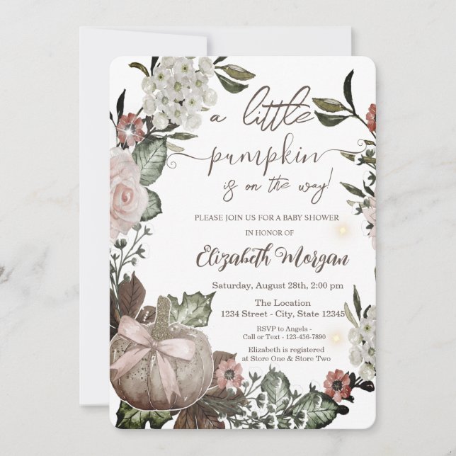 Invitation Chic Citrouille Fleurs d'automne Baby shower Feuil (Devant)