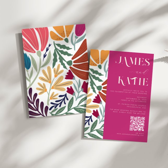 Invitation Chic coloré Abstrait Floral Retro Mariage QR (Créateur téléchargé)