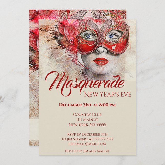 Invitation Chic Coloré Masquerade Party (Devant / Derrière)