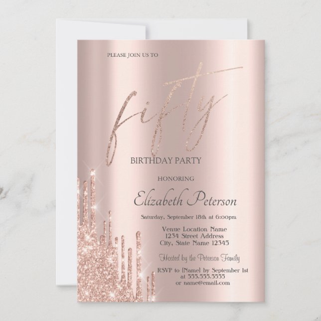 Invitation Chic Cool Rose Gold Parties scintillant Drips 50e  (Devant)
