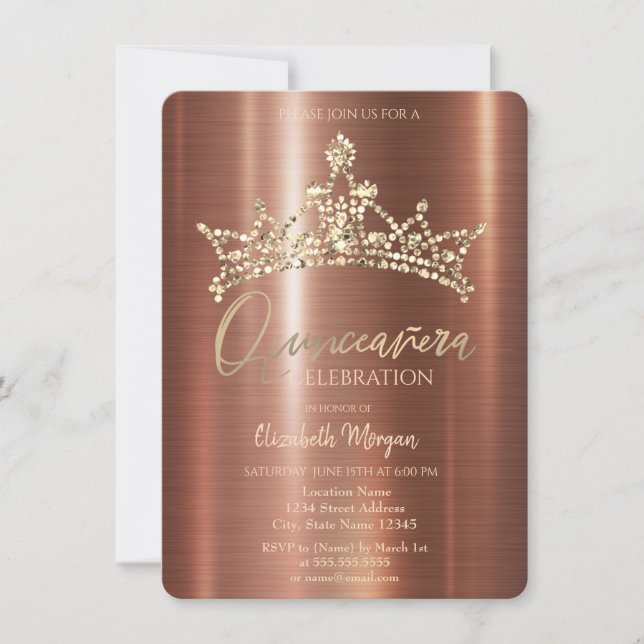Invitation Chic Couronne Brown métallique Quinceañera (Devant)