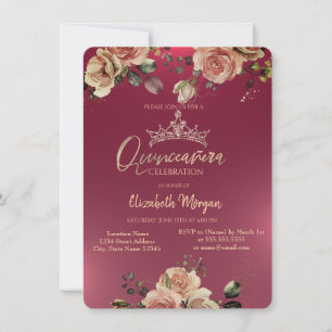 Invitation Chic Couronne Vintages Roses Bourgogne Quinceañera