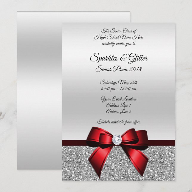 Invitation Chic Cranberry Bow & Silver Parties scintillant Pr (Devant / Derrière)
