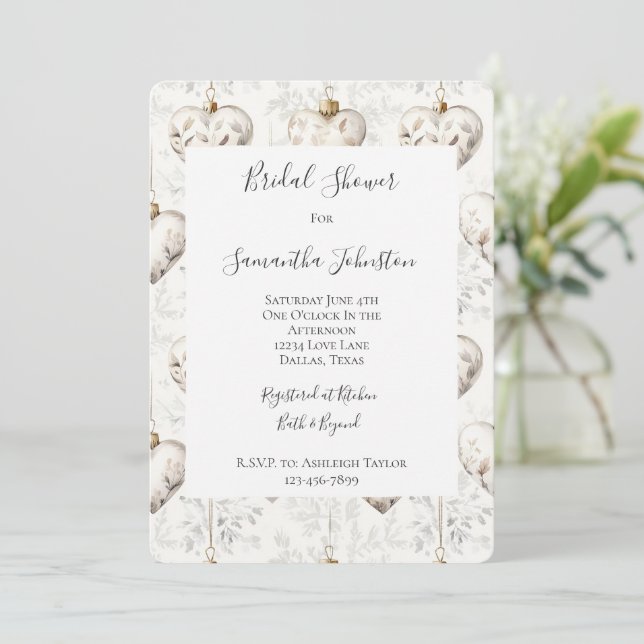 Invitation Chic Cream Grey Hearts Ornaments Bridal Shower (Debout devant)