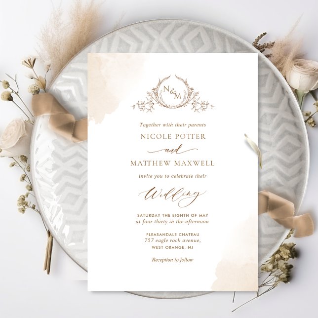 Invitation Chic crème beige Aquarelle Mariage Monogramme (Créateur téléchargé)
