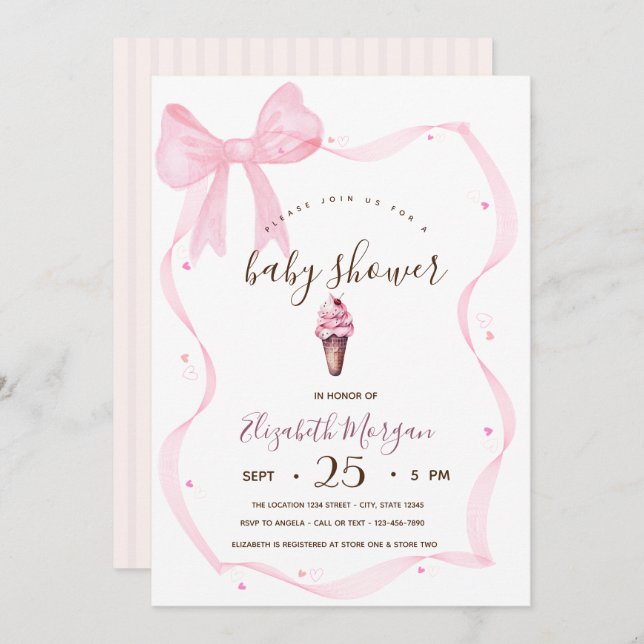 Invitation Chic crème glacée Bow Baby shower rayé (Devant / Derrière)