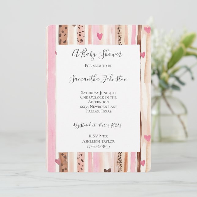 Invitation Chic Crème rose Leopard Baby shower animal raypes (Debout devant)
