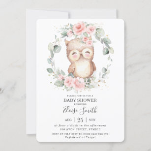 Invitation Chic Cute Owl Rose Floral Baby shower de verdure