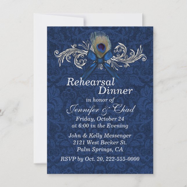 Invitation Chic Damask et Peacock Feather Mariage Rehears (Devant)