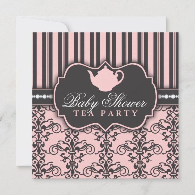 Invitation Chic Damask & Stripe Baby shower Tea In (Devant)