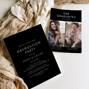 Invitation Chic Dark Black Photo Double Graduation Party