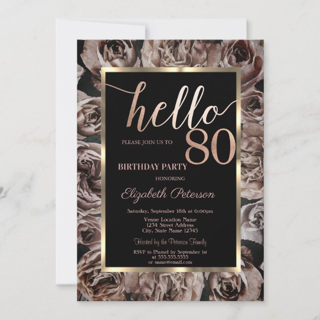 Invitation Chic Dark Rose Black 80e anniversaire (Devant)