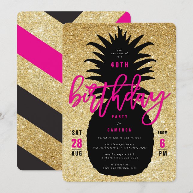 Invitation chic de fête d'anniversaire d'ananas de (Devant / Derrière)