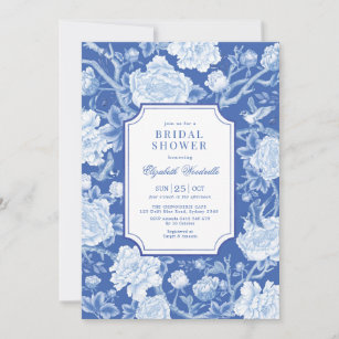 Invitation Chic Delft Blue Chinoiserie Floral Fête des mariée