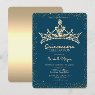 Invitation Chic Diamants Or Couronne Bleu Quinceañera