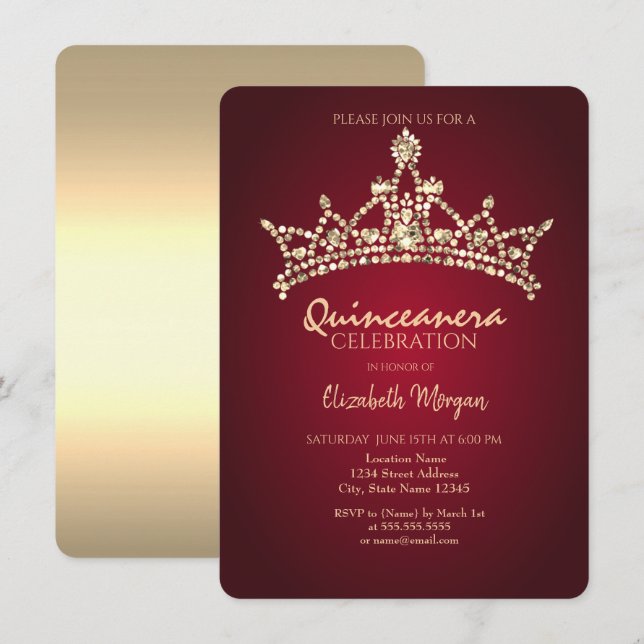 Invitation Chic Diamants Or Couronne Bourgogne Quinceañera (Devant / Derrière)