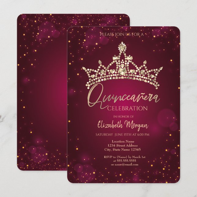 Invitation Chic Diamonds Couronne Bourgogne Quinceañera (Devant / Derrière)