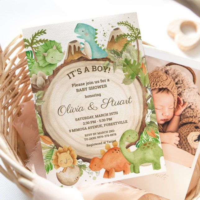 Invitation Chic Dinosaur Boy Baby shower Verdure Chevron (Créateur téléchargé)