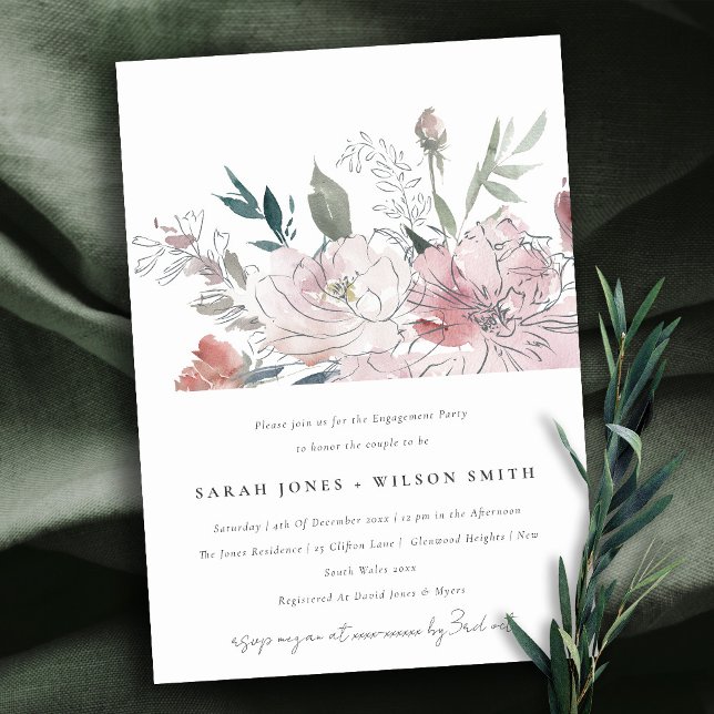 Invitation Chic Dusky Blush Aquarelle Fiançailles Floral (Créateur téléchargé)
