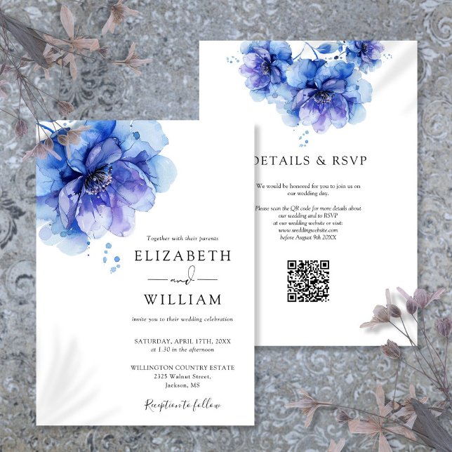 Invitation Chic Dusty Blue Aquarelle Floral QR Code Mariage (Chic Dusty Blue Watercolor Floral QR Code Wedding Invitation)