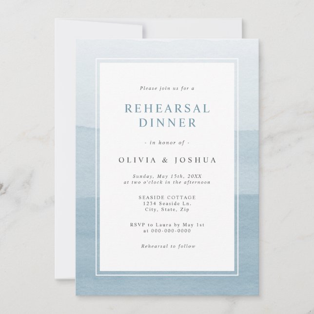 Invitation Chic Dusty Blue Aquarelle Ombre Dîner De Répétitio (Devant)