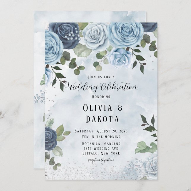 Invitation Chic Dusty Blue Aquarelle Rustique Floral Mariage (Devant / Derrière)