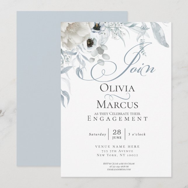 Invitation Chic Dusty Blue Floral Fiançailles (Devant / Derrière)