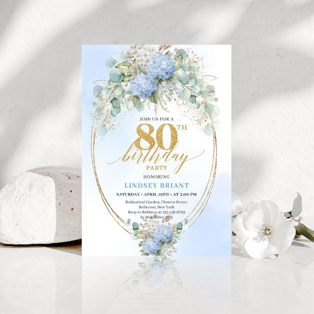 Invitation Chic Dusty Blue Floral Gold 80th Birthday Invite (Chic Dusty Blue Floral Gold 80th Birthday Invite)