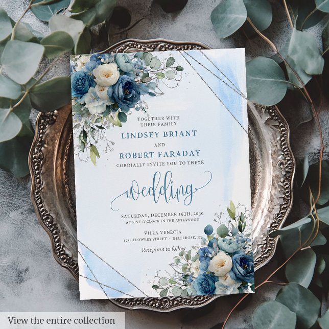 Invitation Chic Dusty Blue Roses Blanc Mariage Argent Invite (Chic Dusty Blue White Roses Silver Wedding Invitation)
