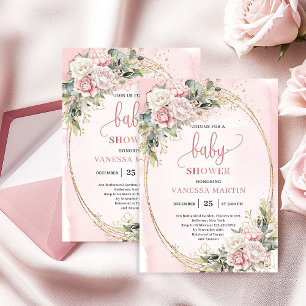 Invitation Chic Dusty Fleurs Roses Eucalyptus Baby Shower Fil